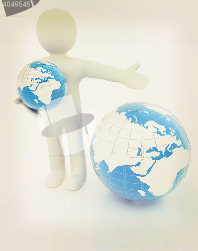 Image of 3d people - man, person presenting - pointing. Global concept wi