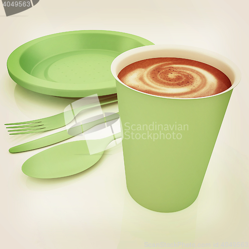 Image of Fast-food disposable tableware. 3D illustration. Vintage style.