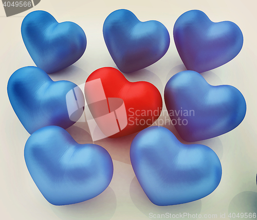 Image of One red heart standing out in crowd . 3D illustration. Vintage s