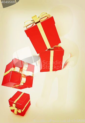 Image of 3d man strawed red gifts with gold ribbon. 3D illustration. Vint