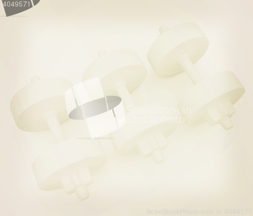 Image of White dumbbells on a white background. 3D illustration. Vintage 