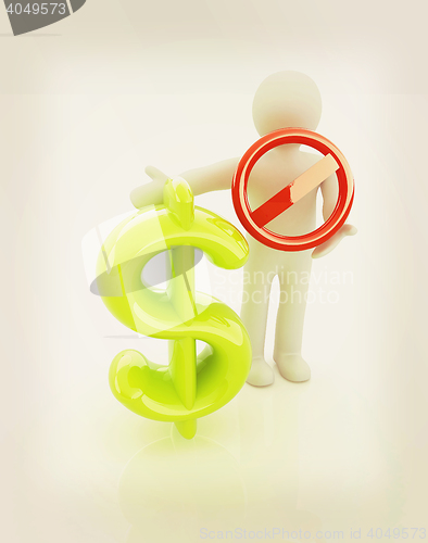 Image of 3d man with prohibition sign and dollar. 3D illustration. Vintag