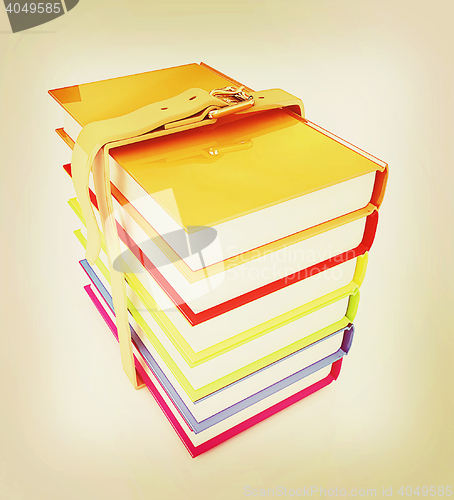 Image of colorful real books. 3D illustration. Vintage style.