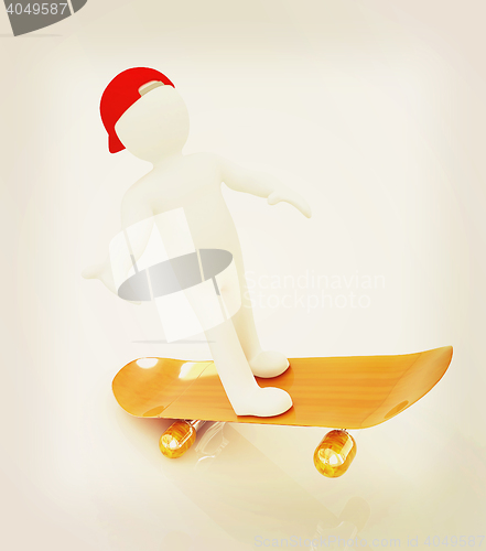 Image of 3d white person with a skate and a cap. 3D illustration. Vintage