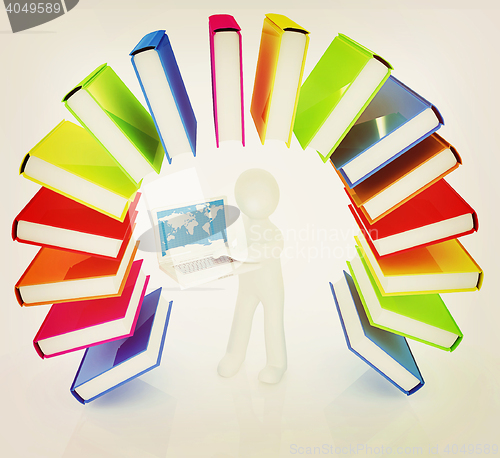 Image of Colorful books like the rainbow and 3d man with laptop . 3D illu