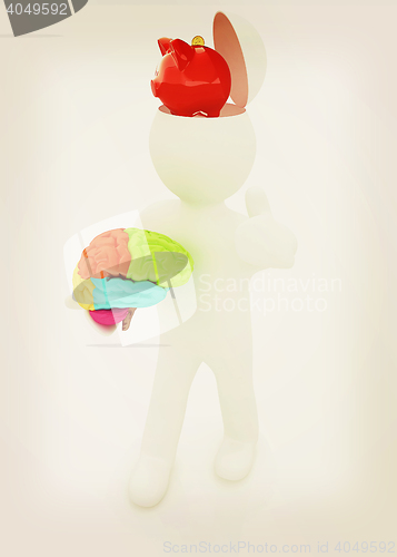 Image of 3d people - man with half head, brain and trumb up. Saving conce