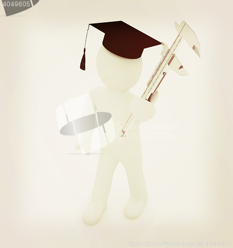 Image of 3d man in graduation hat with vernier caliper . 3D illustration.