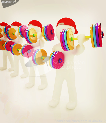 Image of 3d mans with colorfull dumbbells . 3D illustration. Vintage styl