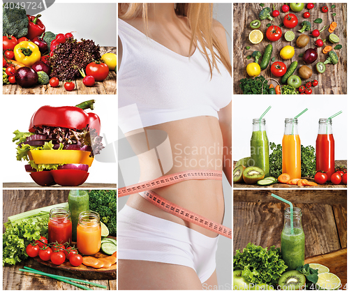 Image of Young healthy woman with vegetables. Collage