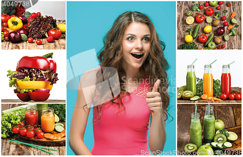 Image of The collage of young beautiful woman with vegetable salad