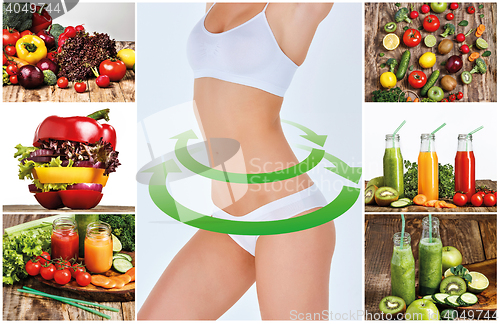 Image of Young healthy woman with vegetables. Collage