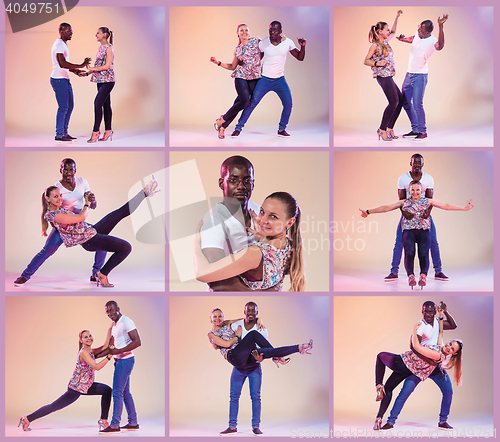 Image of The collage from images of young couple dances social Caribbean Salsa
