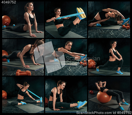 Image of The collage from images of beautiful slim brunette doing some gymnastics at the gym