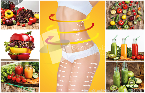 Image of Young healthy woman with vegetables. Collage