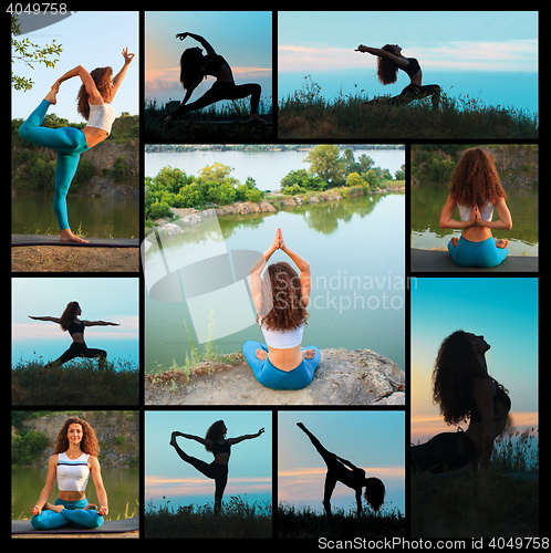 Image of The collage from silhouettes of young woman practicing yoga