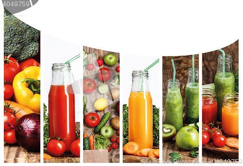 Image of The collage fron images of bottles with fresh vegetable juices on wooden table