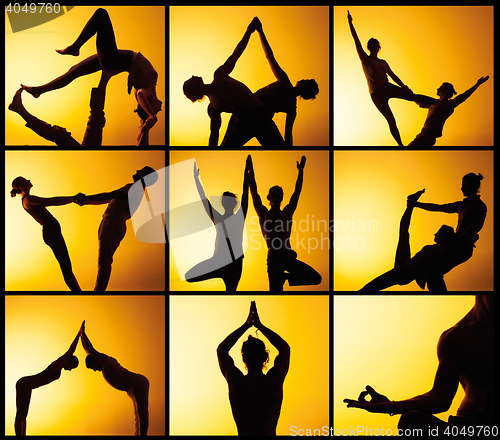 Image of The collage from images of two people practicing yoga in the sunset light