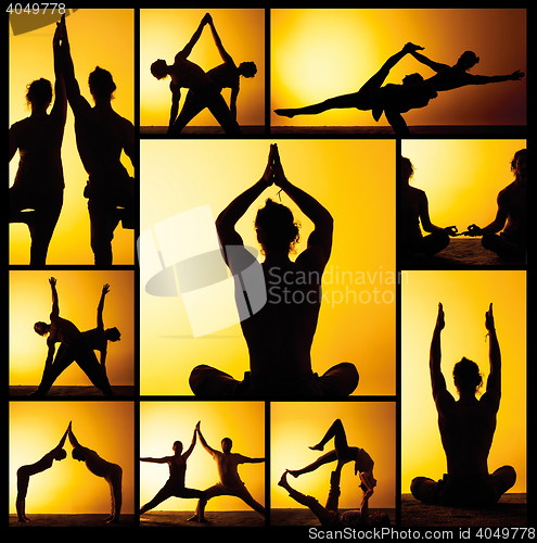 Image of The collage from images of two people practicing yoga in the sunset light