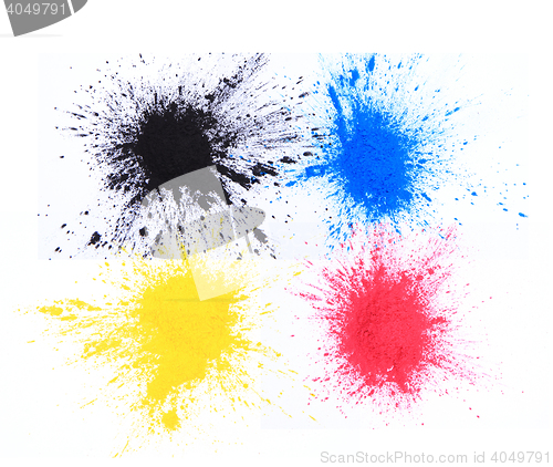 Image of cmyk toner powder (cyan, magenta, yellow, black)