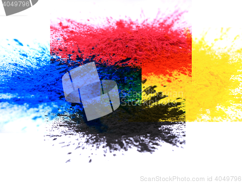 Image of cmyk toner powder (cyan, magenta, yellow, black)