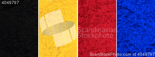 Image of cmyk toner powder (cyan, magenta, yellow, black)