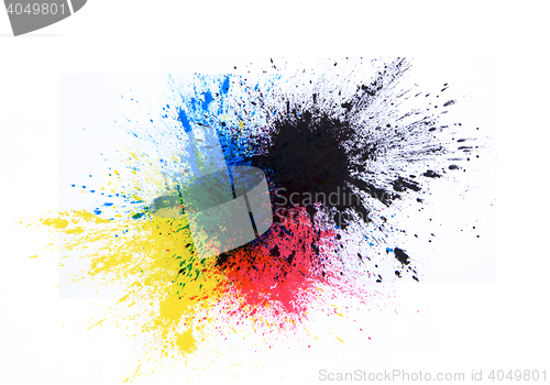 Image of cmyk toner powder (cyan, magenta, yellow, black)