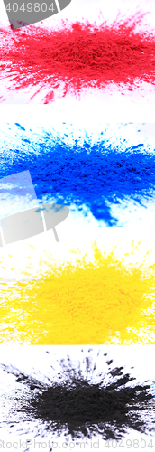 Image of cmyk toner powder (cyan, magenta, yellow, black)