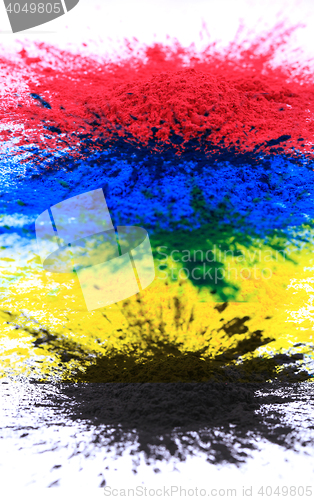 Image of cmyk toner powder (cyan, magenta, yellow, black)