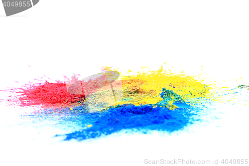 Image of cmyk toner powder (cyan, magenta, yellow, black)