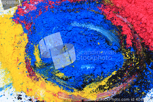 Image of cmyk toner powder (cyan, magenta, yellow, black)