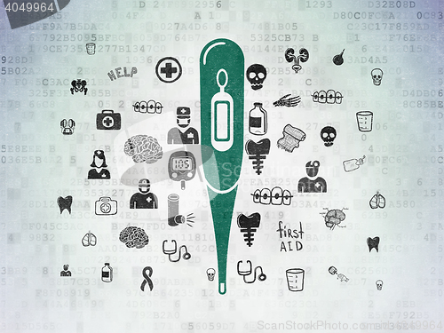 Image of Medicine concept: Thermometer on Digital Data Paper background