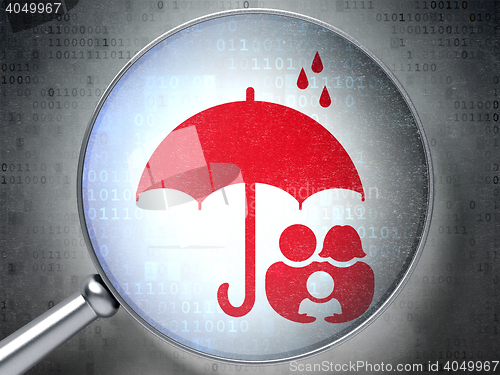 Image of Protection concept: Family And Umbrella with optical glass on digital background