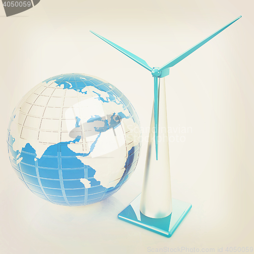 Image of Wind turbine isolated on white. Global concept with eart. 3D ill