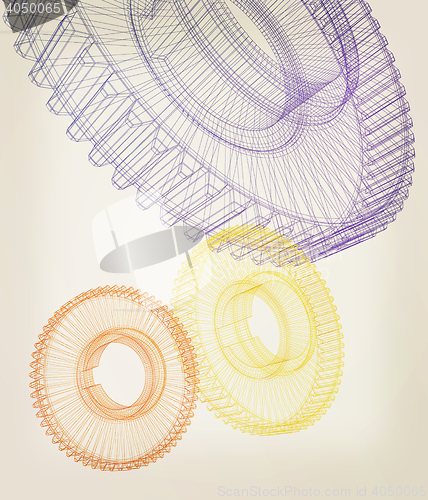 Image of Gear set on white background . 3D illustration. Vintage style.