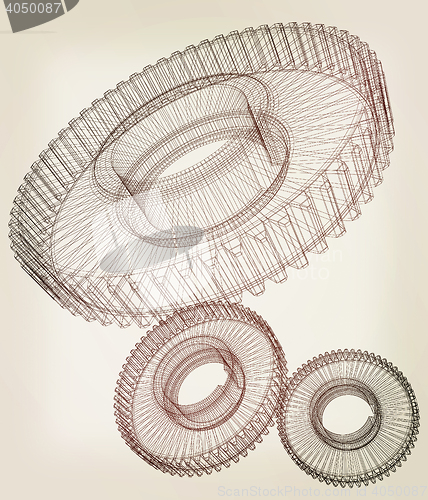 Image of Gear set on white background . 3D illustration. Vintage style.