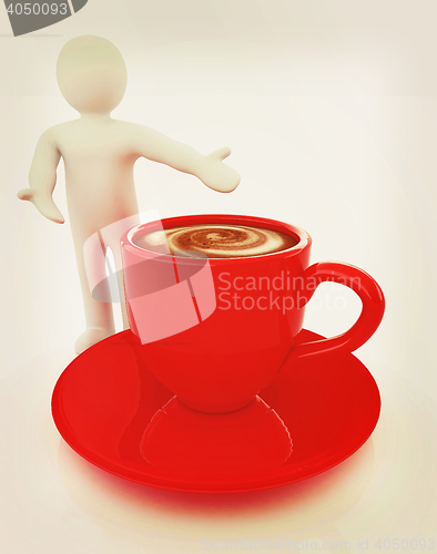 Image of 3d people - man, person presenting - Mug of coffee with milk. 3D