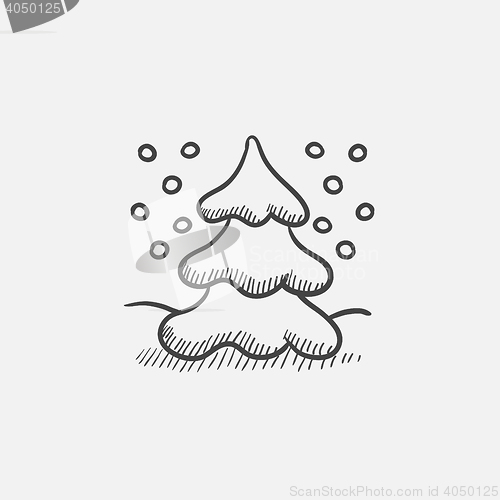 Image of Christmas tree covered with snow sketch icon.