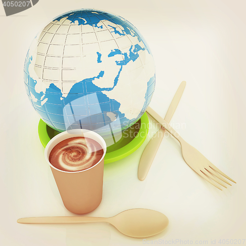 Image of Coffe in fast-food disposable tableware and earth. 3D illustrati