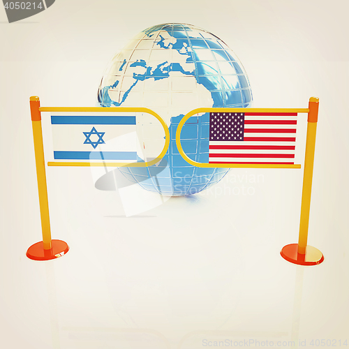 Image of Three-dimensional image of the turnstile and flags of America an