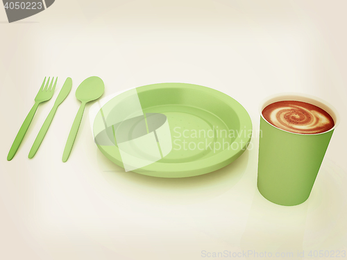 Image of Fast-food disposable tableware. 3D illustration. Vintage style.