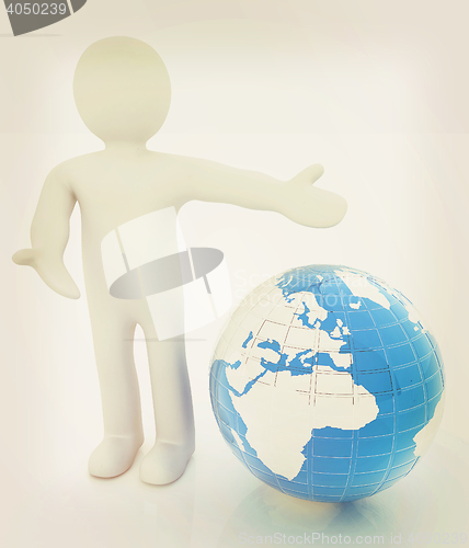 Image of 3d people - man, person presenting - pointing. Global concept wi
