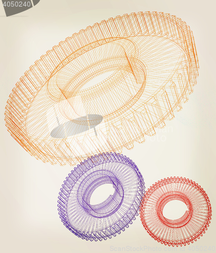 Image of Gear set on white background . 3D illustration. Vintage style.