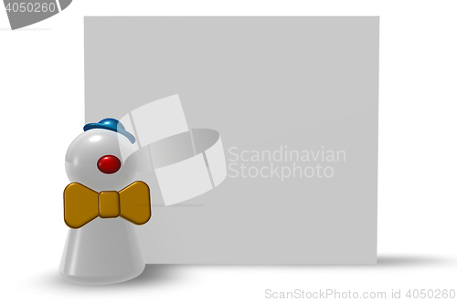 Image of pawn clown and blank board on white background - 3d illustration