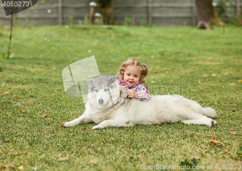 Image of The little baby girl playing with dog against green grass