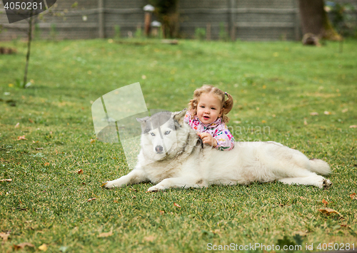 Image of The little baby girl playing with dog against green grass