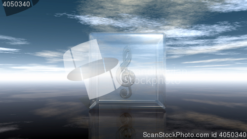 Image of clef in glass cube under cloudy sky - 3d rendering