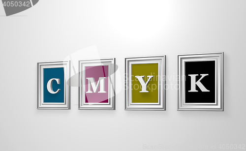 Image of four picture frames with the letters cmyk on white wound - 3d illustration
