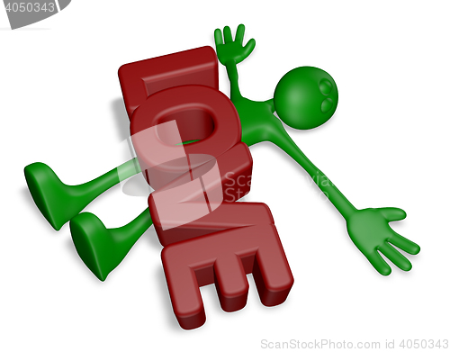 Image of cartoonguy under the word love - 3d rendering