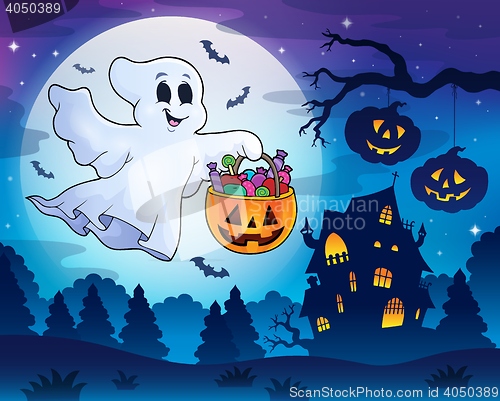 Image of Halloween ghost near haunted house 3