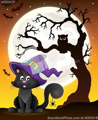 Image of Tree silhouette and Halloween cat